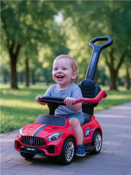 Zenélő bébitaxi vezetőrúddal Baby Mix RACER piros