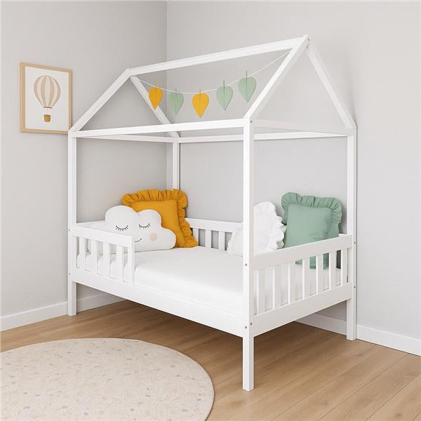Gyermek ház alakú ágy korláttal és ágyráccsal New Baby CASTELLO 160x80 cm fehér