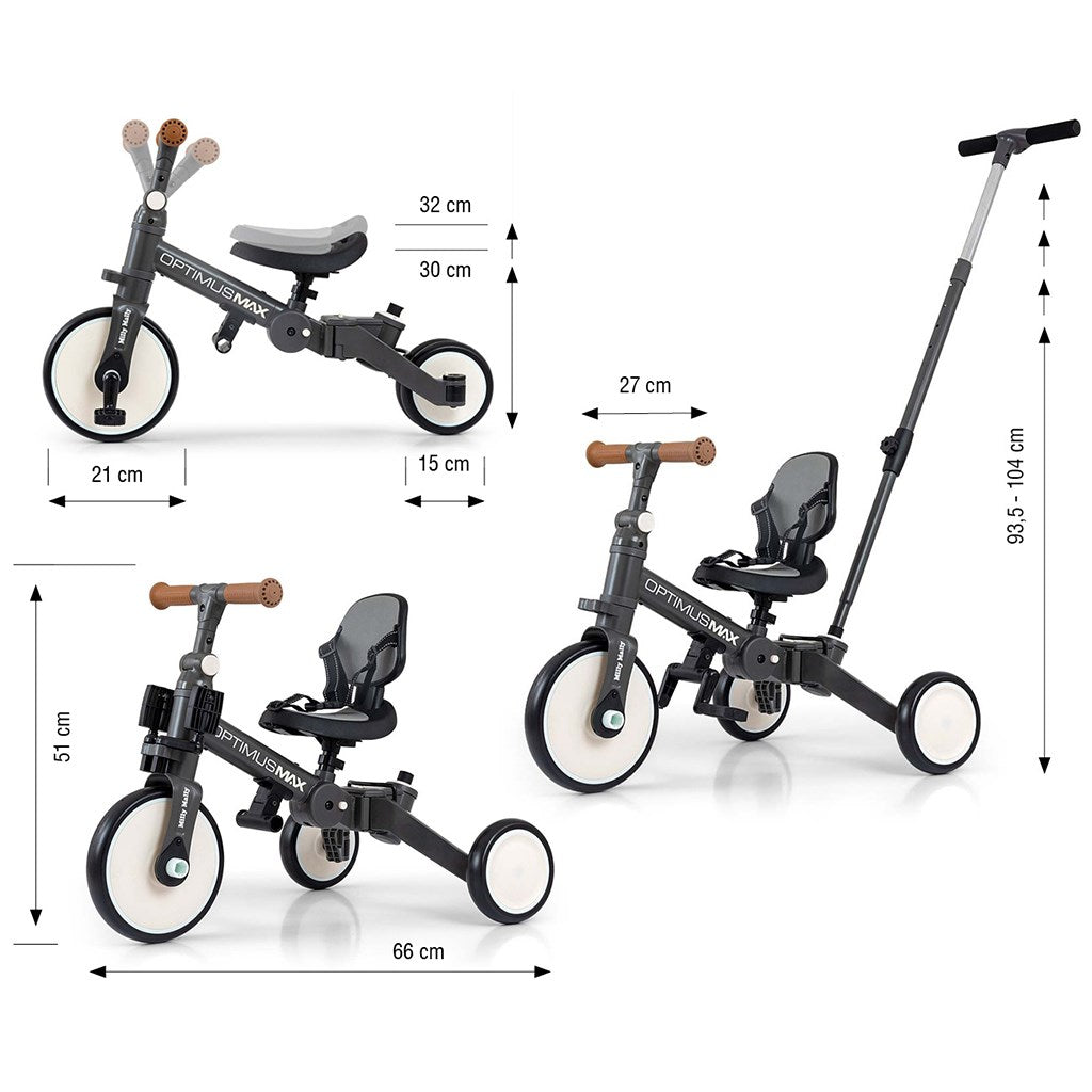 Gyerek háromkerekű bicikli 5az1-ben Milly Mally Optimus Max tolókarral dark grey