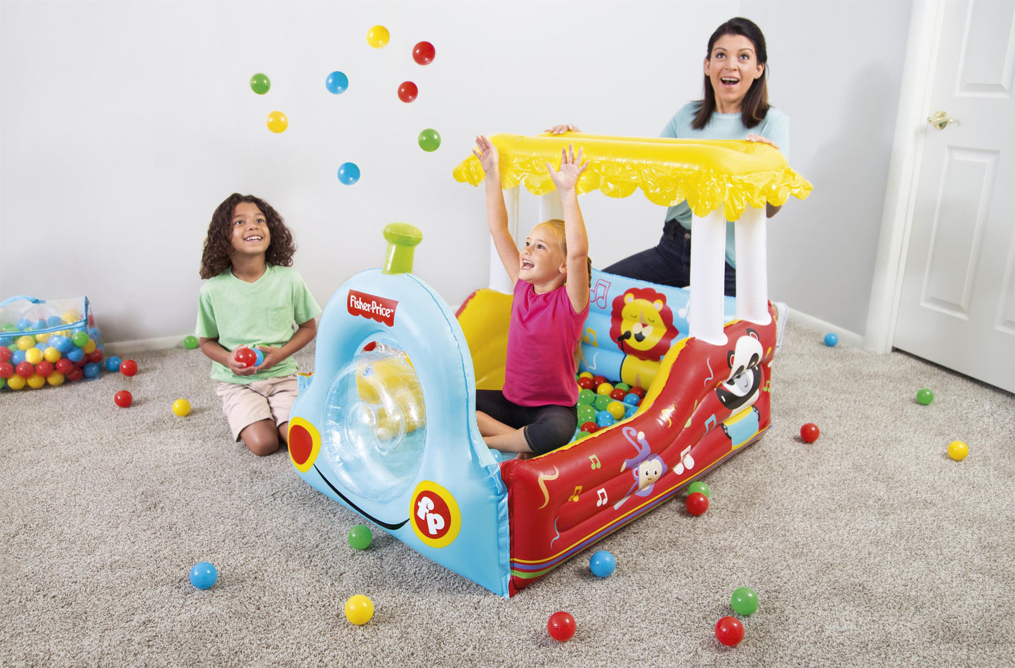 Bestway 93537 FISHER PRICE felfújható vonat labdákkal 132cm x 94cm x 89cm