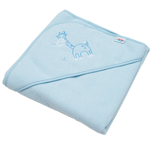 Gyermek frottír törölköző hímzéssel és kapucnival New Baby 80x80 kék zsiráffal