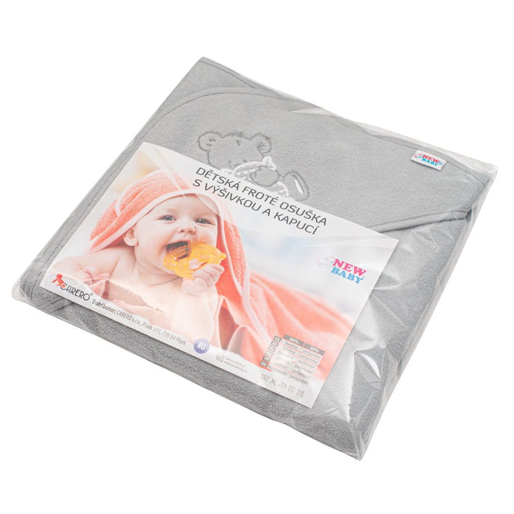 Gyermek frottír törölköző hímzéssel és kapucnival New Baby 80x80 szürke maci