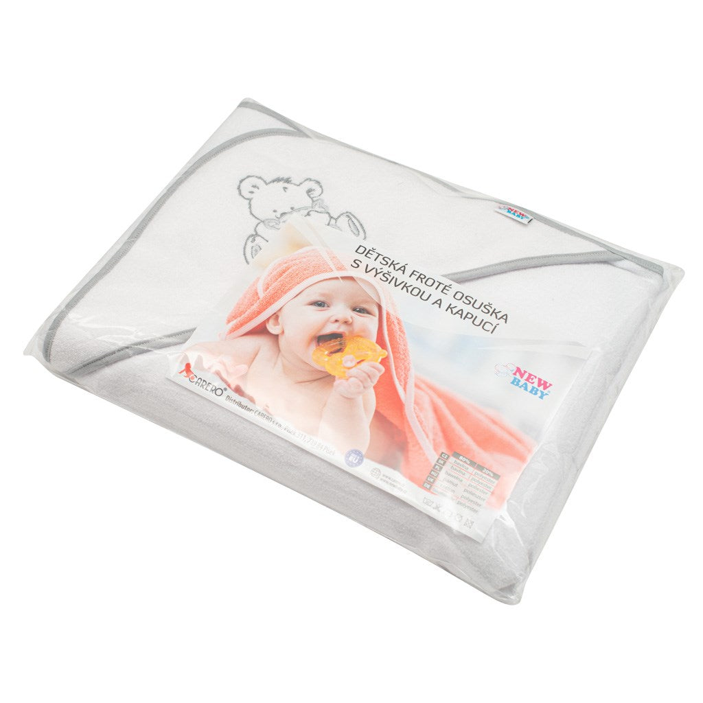 Gyermek frottír törölköző hímzéssel és kapucnival New Baby 90x90 cm fehér maci