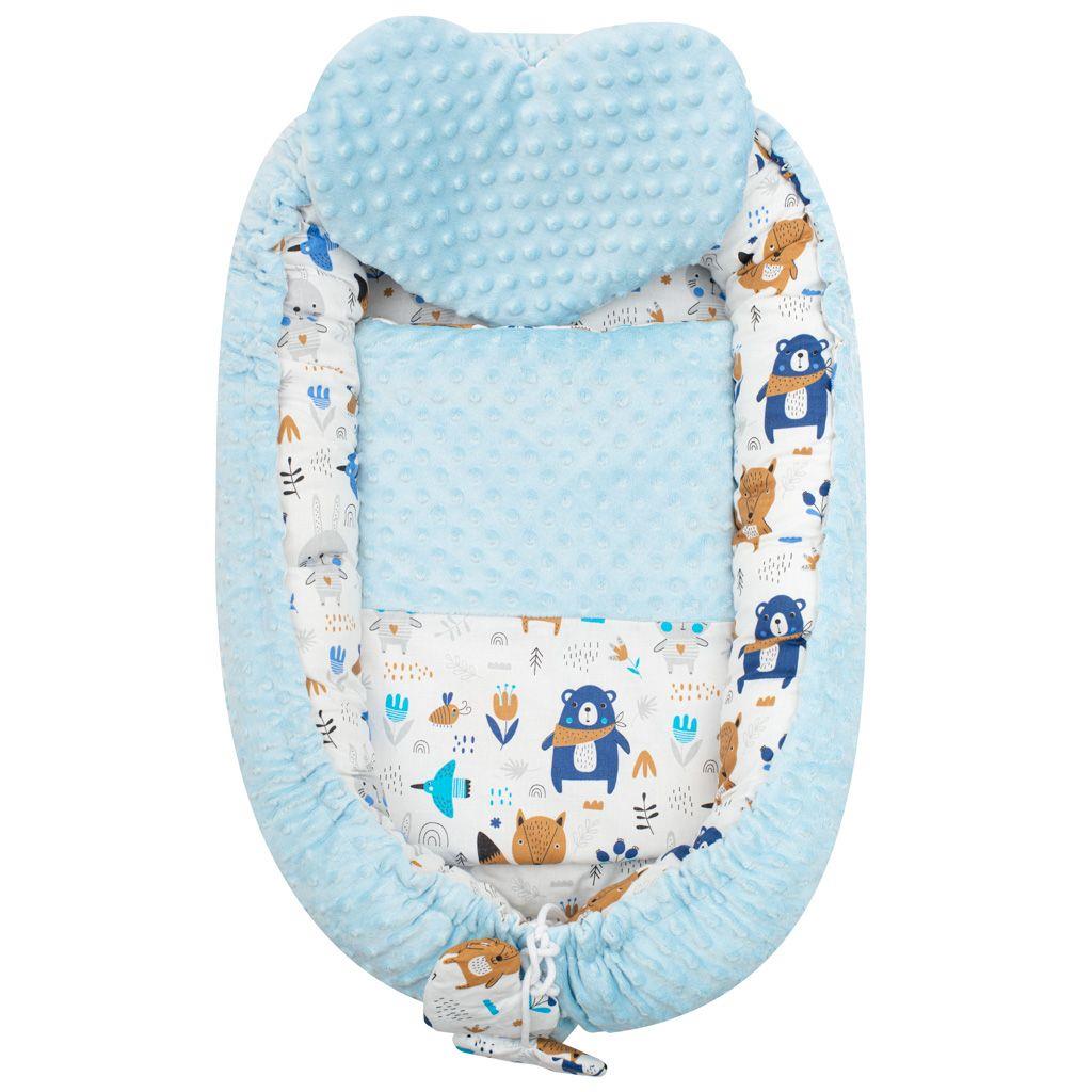 Luxus babafészek párnával és paplannal New Baby Minkyből kék