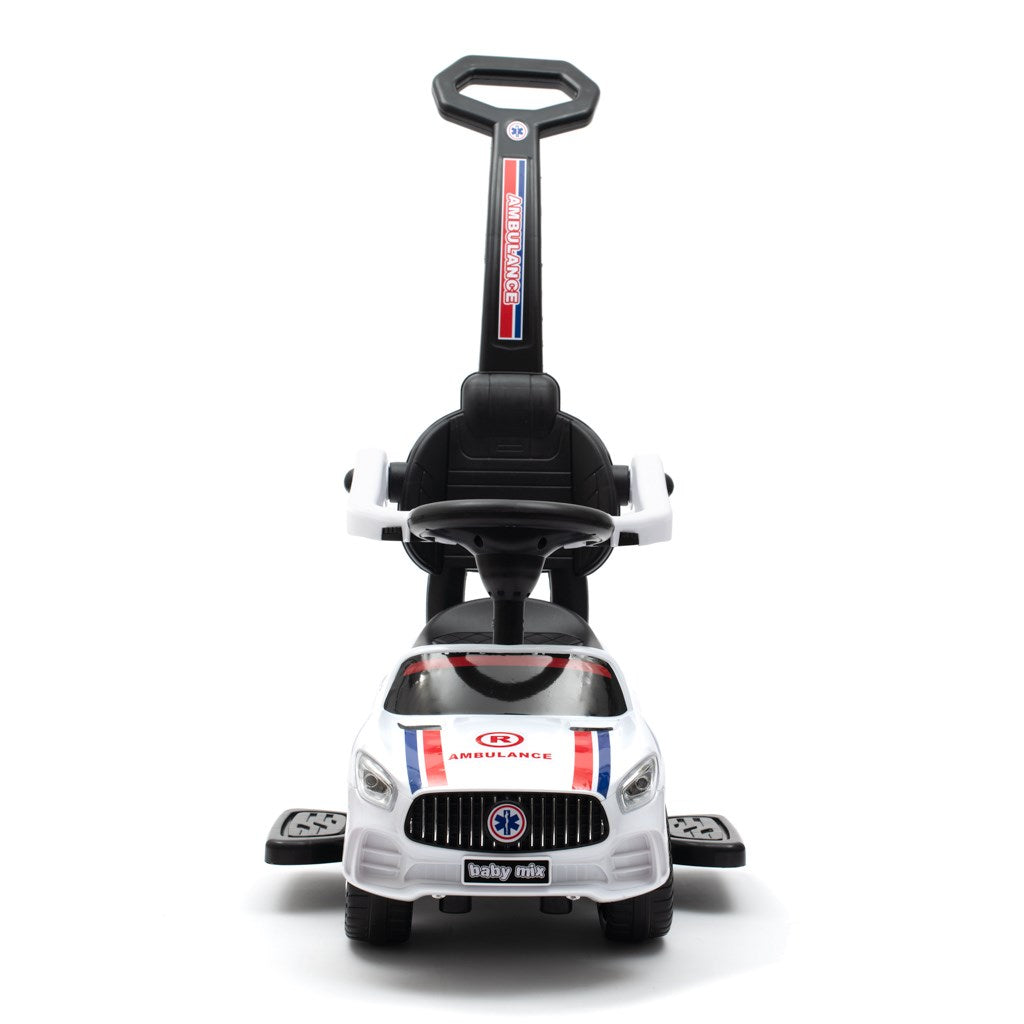 Zenélő bébitaxi vezetőrúddal Baby Mix MENTŐAUTÓ fehér