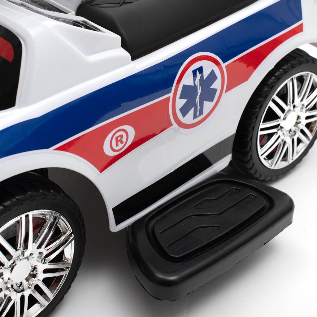 Zenélő bébitaxi vezetőrúddal Baby Mix MENTŐAUTÓ fehér