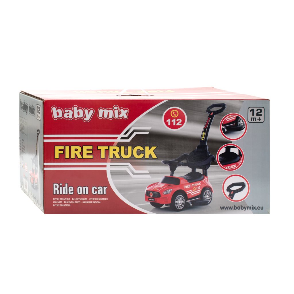 Zenélő bébitaxi vezetőrúddal Baby Mix TŰZOLTÓK piros