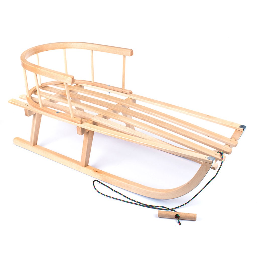 Fából készült gyermekszánkó háttámlával és zsinórral BAYO 90 cm