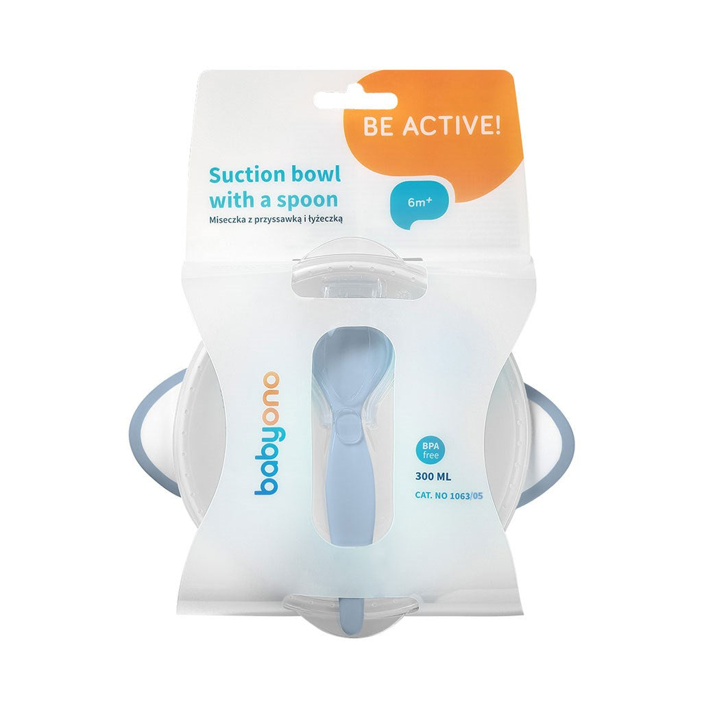 Gyermek csúszásgatló tál és kanál Baby Ono fehér-kék