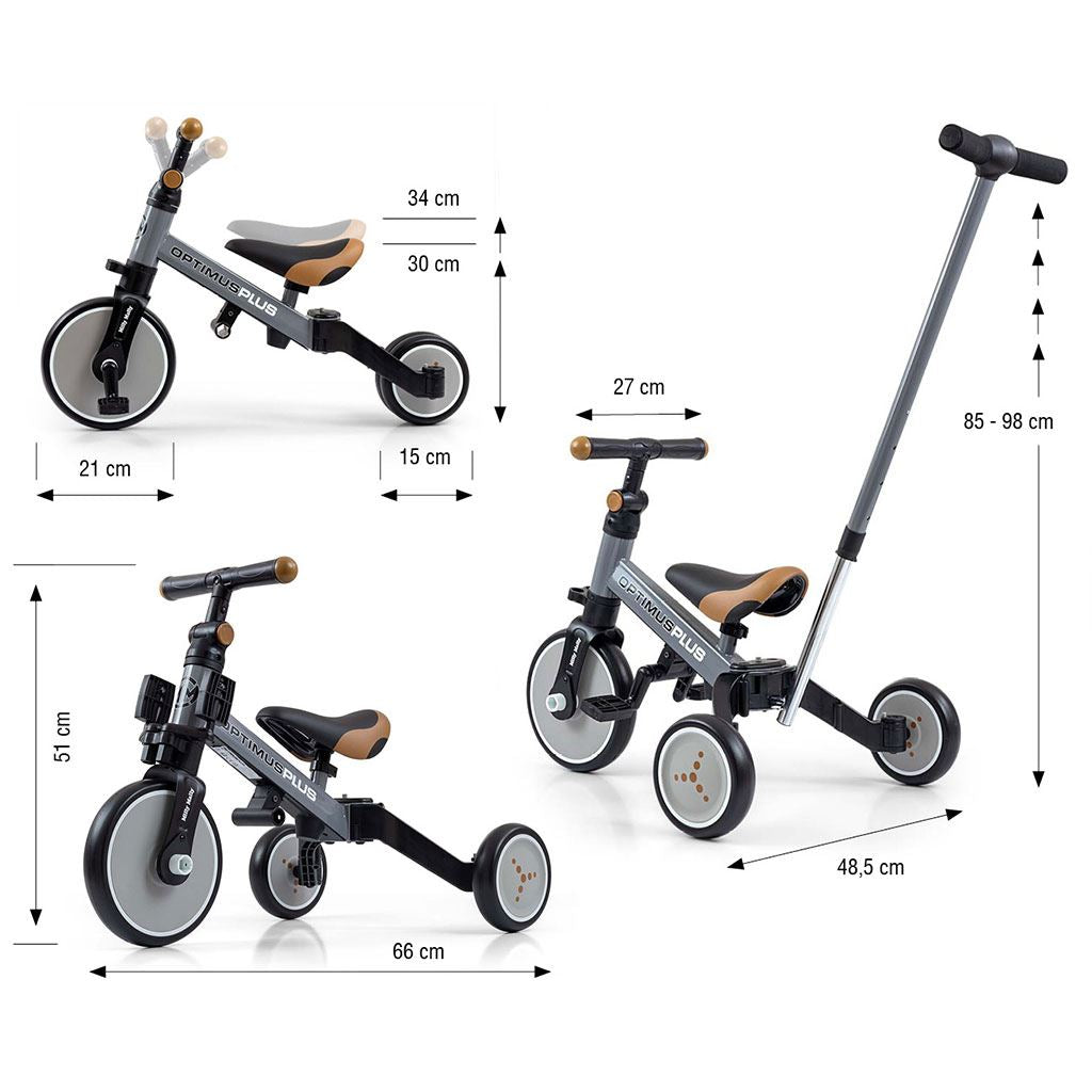 Gyerek háromkerekű bicikli 4az1-ben Milly Mally Optimus Plus tolókarral grey