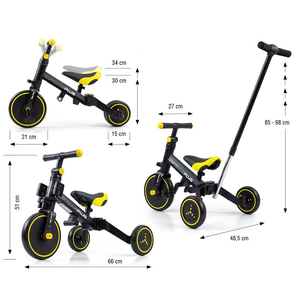 Gyerek háromkerekű bicikli 4az1-ben Milly Mally Optimus Plus tolókarral black