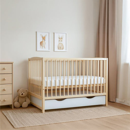 Gyerek kiságy New Baby LILLY leengedhető oldalráccsal és fiókkal természetes