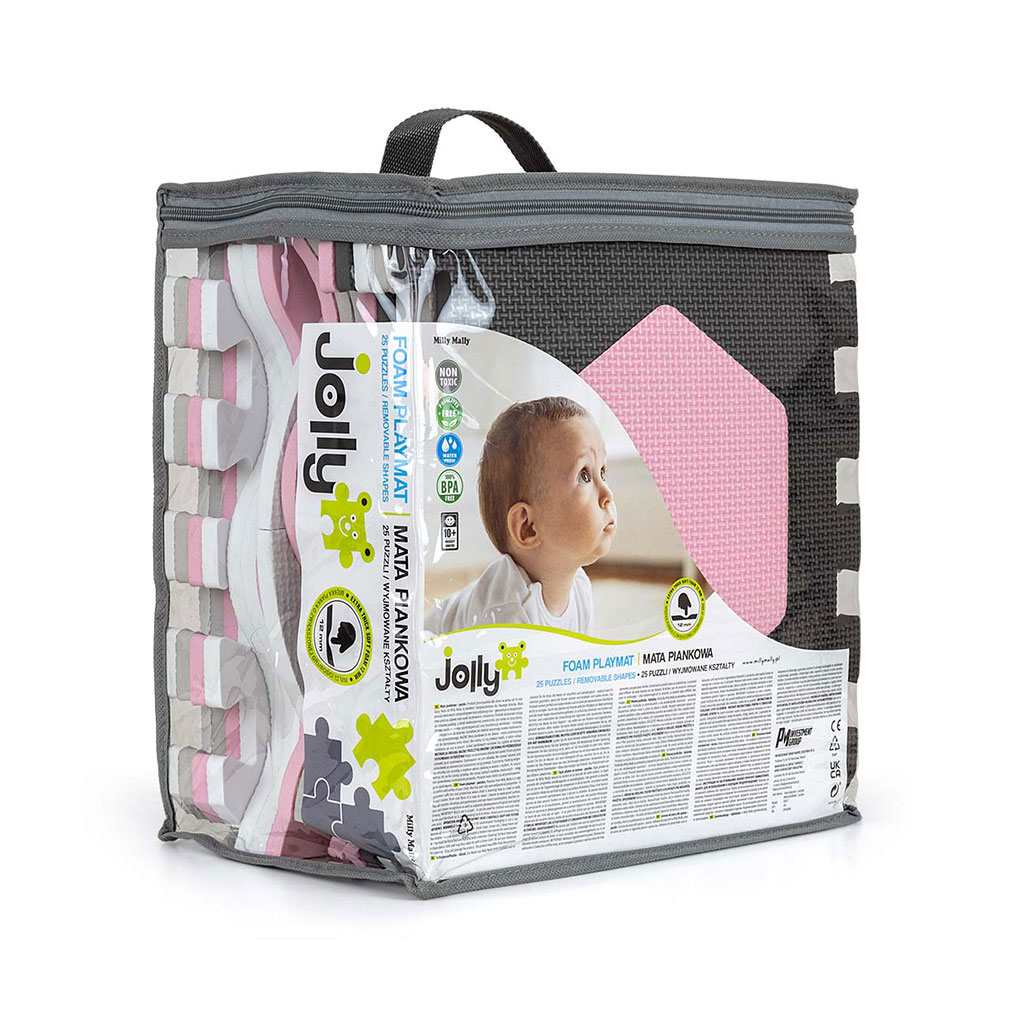 Habszivacs puzzle szőnyeg Milly Mally Jolly 3x3 Shapes Pink Grey