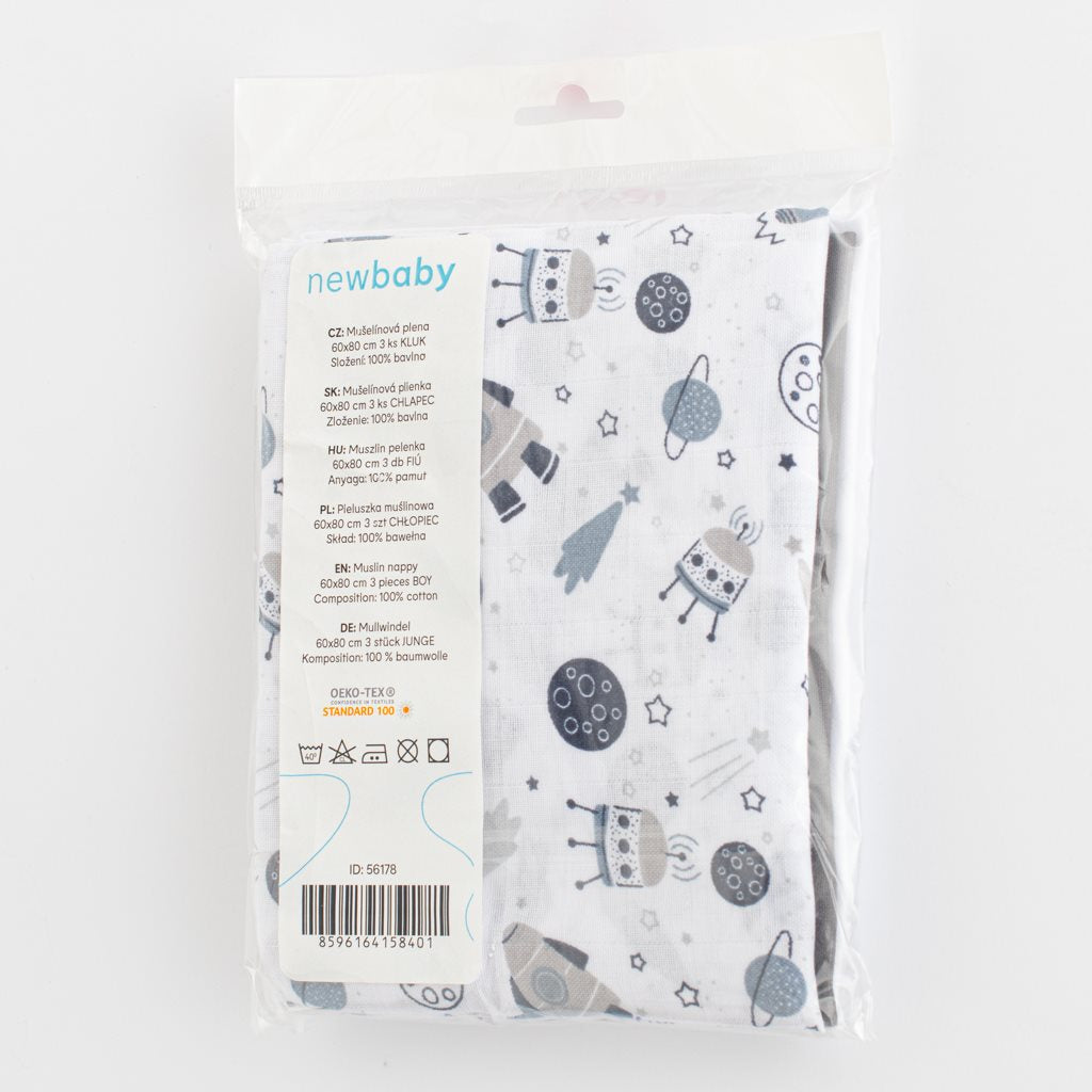 Muszlin pelenka New Baby 60x80 cm 3 db FIÚ