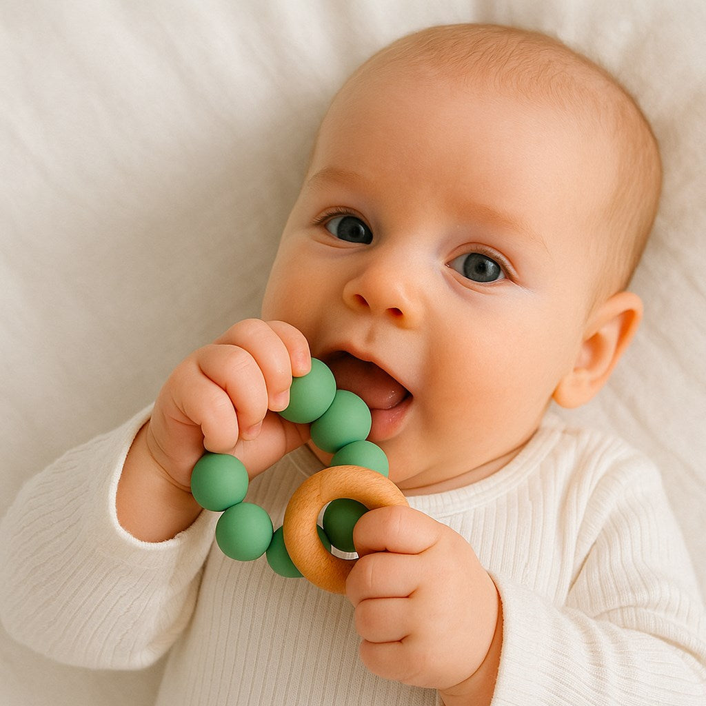 Baba szilikon rágóka gyöngyökkel New Baby szürke