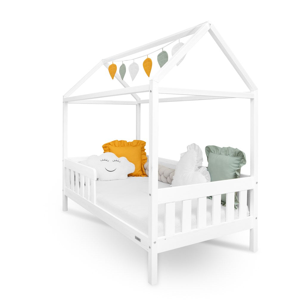 Gyermek ház alakú ágy korláttal és ágyráccsal New Baby CASTELLO 160x80 cm fehér