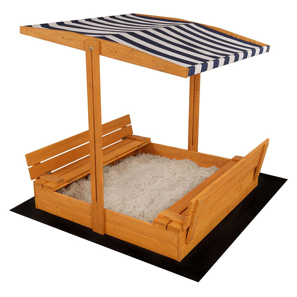 Zárható fa homokozó padokkal és tetővel gyerekeknek Baby Mix 120x120 cm kék-fehér