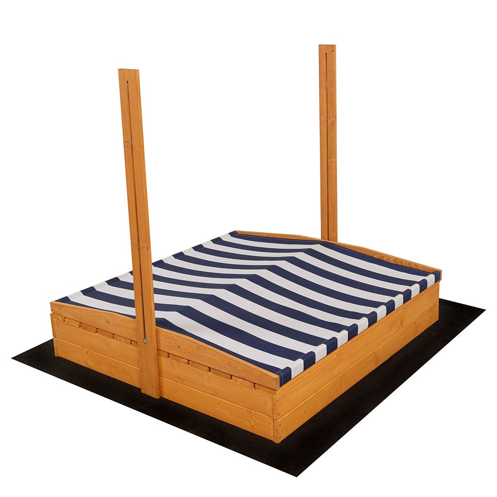 Zárható fa homokozó padokkal és tetővel gyerekeknek Baby Mix 120x120 cm kék-fehér