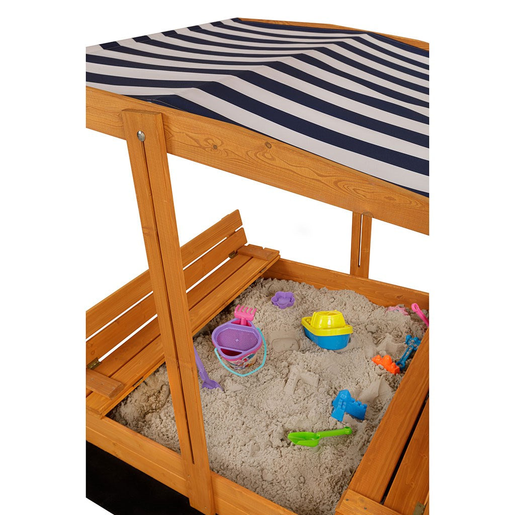 Zárható fa homokozó padokkal és tetővel gyerekeknek Baby Mix 120x120 cm kék-fehér