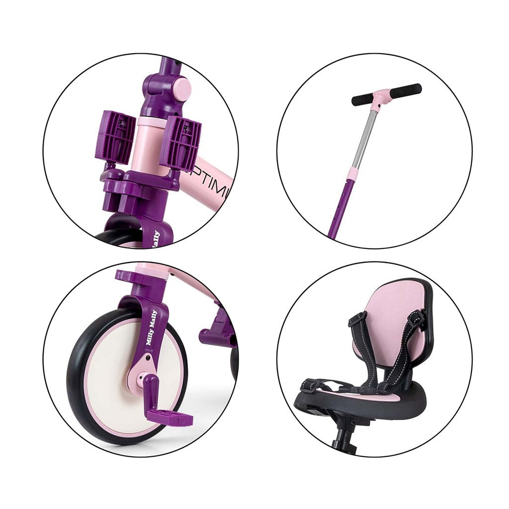 Gyerek háromkerekű bicikli 5az1-ben Milly Mally Optimus Max tolókarral pink