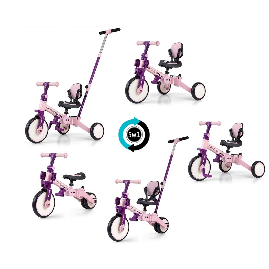 Gyerek háromkerekű bicikli 5az1-ben Milly Mally Optimus Max tolókarral pink