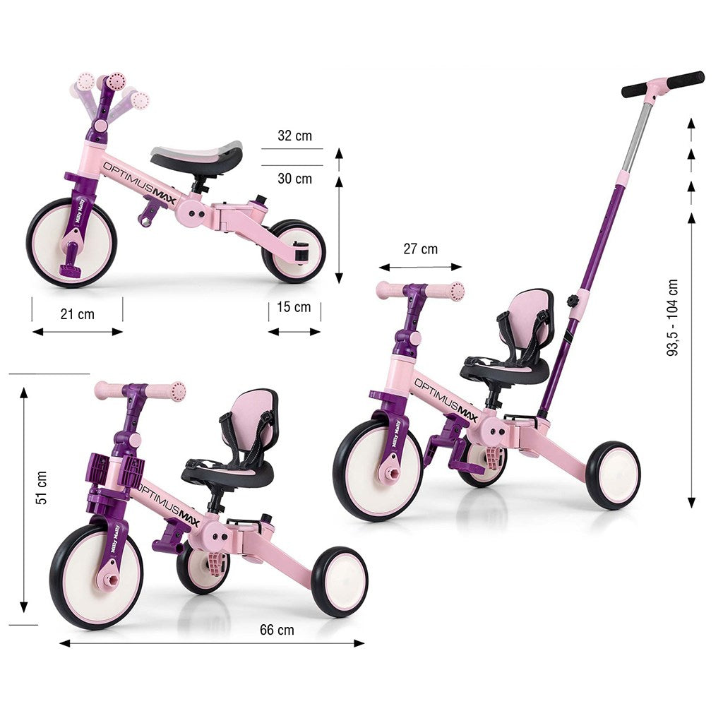 Gyerek háromkerekű bicikli 5az1-ben Milly Mally Optimus Max tolókarral pink