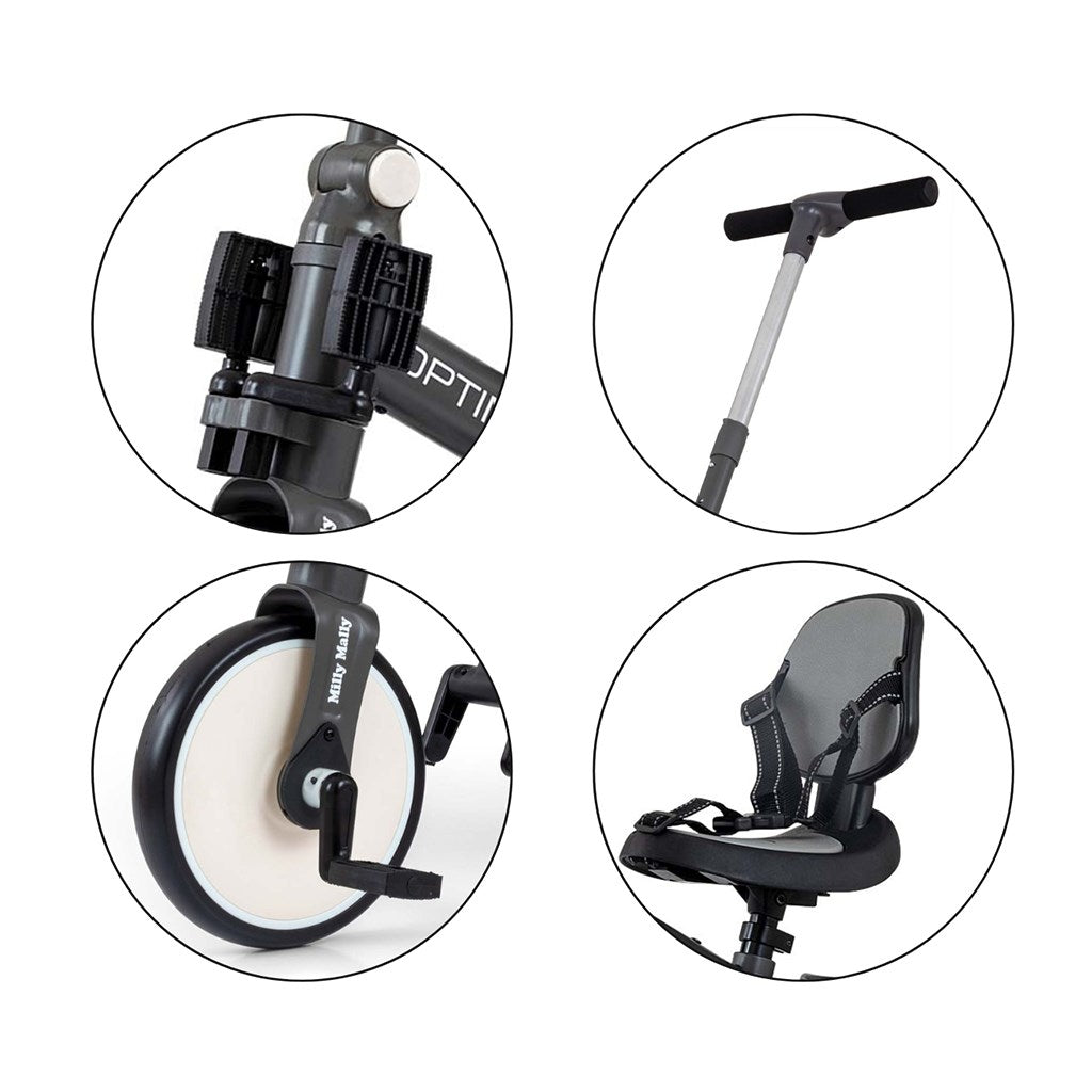 Gyerek háromkerekű bicikli 5az1-ben Milly Mally Optimus Max tolókarral dark grey