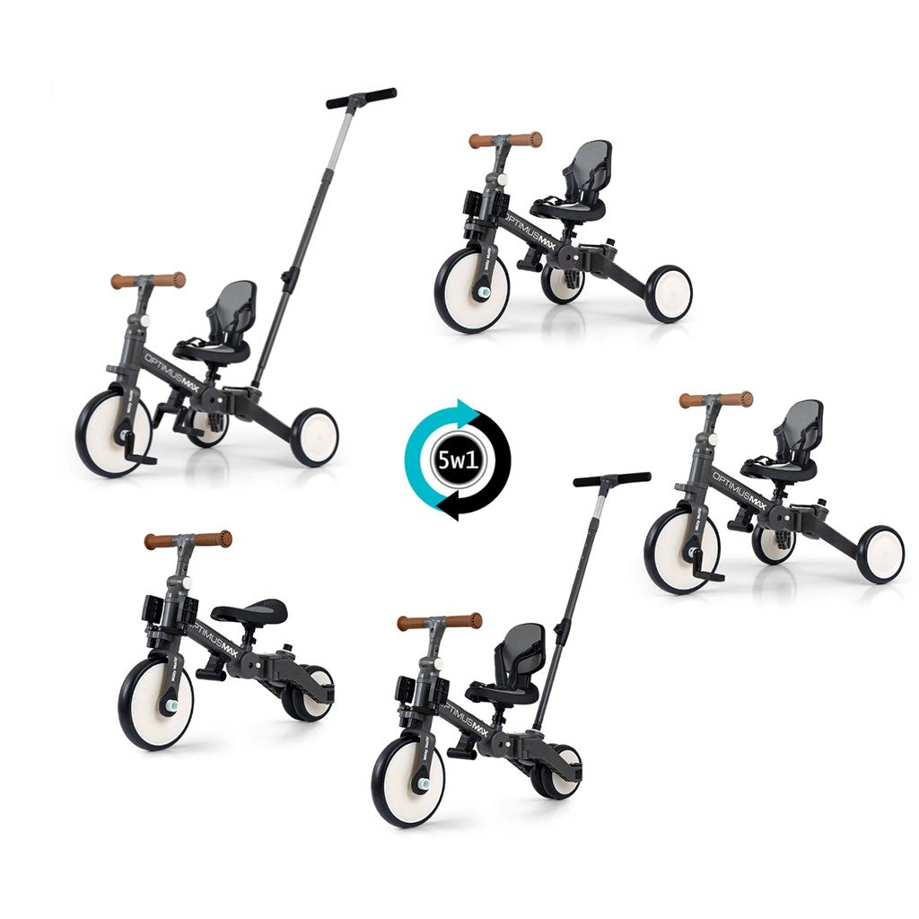 Gyerek háromkerekű bicikli 5az1-ben Milly Mally Optimus Max tolókarral dark grey