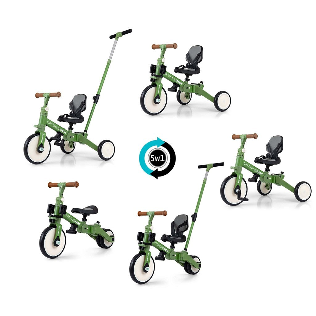 Gyerek háromkerekű bicikli 5az1-ben Milly Mally Optimus Max tolókarral green