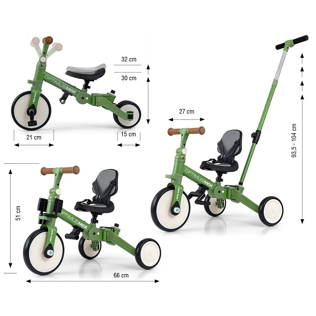 Gyerek háromkerekű bicikli 5az1-ben Milly Mally Optimus Max tolókarral green