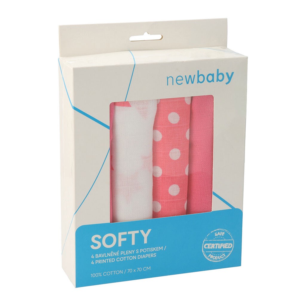 Pamut tetra pelenka New Baby Softy nyomtatott mintával  70 x 70 cm 4 db fehér-rózsaszín (sérült csomagolás)